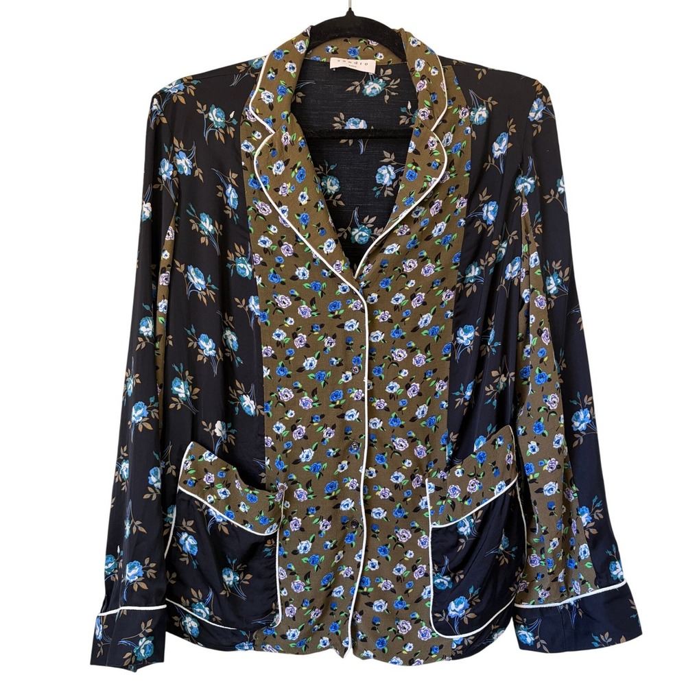 Sandro Paris Crepe & Satin Noisette Floral Blouse In Black Blue l sz 1 Sm